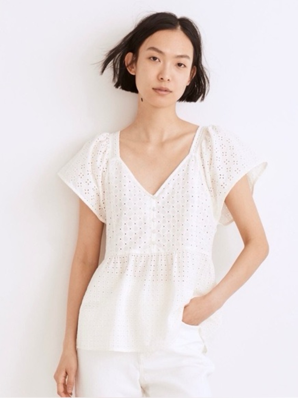 Madewell Women’s Patchwork Eyelet Peplum Top 100% Cotton Ivory Sz L